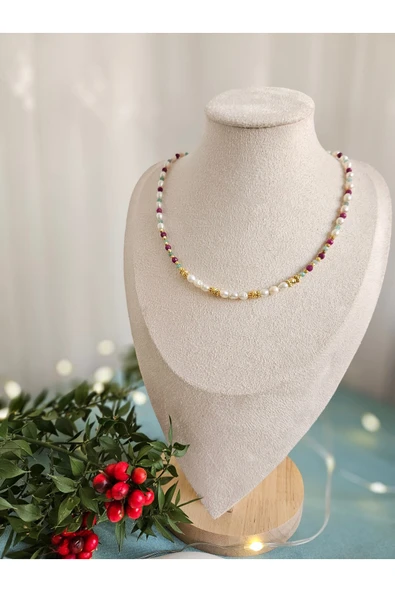 İNCİORA JEWELRY ZÜMRÜT YAKUT GERÇEK ARPA İNCİ KOLYE ürün görseli 1