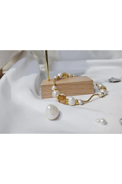 İNCİORA JEWELRY Doğal Incili Sitrin Taşlı Gold Inci Bileklik ürün görseli 1
