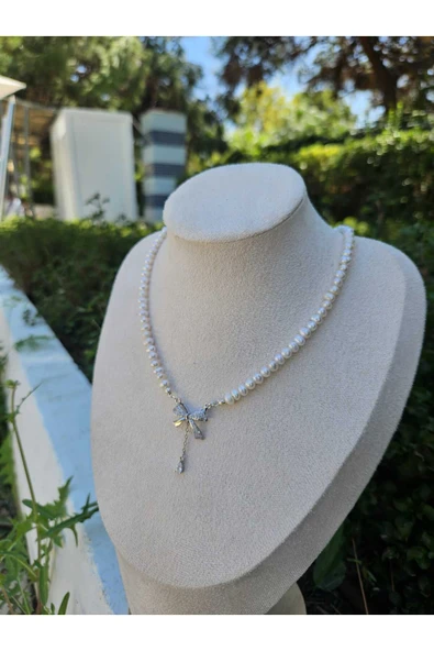 İNCİORA JEWELRY Gerçek Doğal İnci 925 Ayar Gümüş Fiyonk Kolye ürün görseli 1