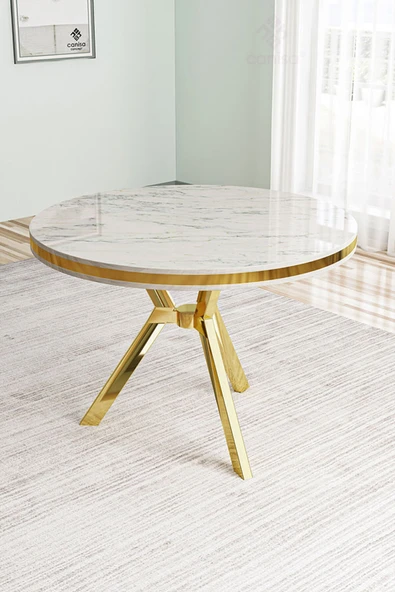 Canisa Mos Serisi 90x90 Lak Panel Beyaz Mermer Desen Gold Kaplama Ayaklı Mutfak Masası ürün görseli 1