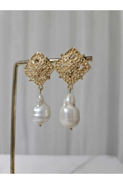 İNCİORA JEWELRY DUBAİ TARZI BÜYÜK DOĞAL GERÇEK BAROK İNCİ KÜPE ürün görseli 1