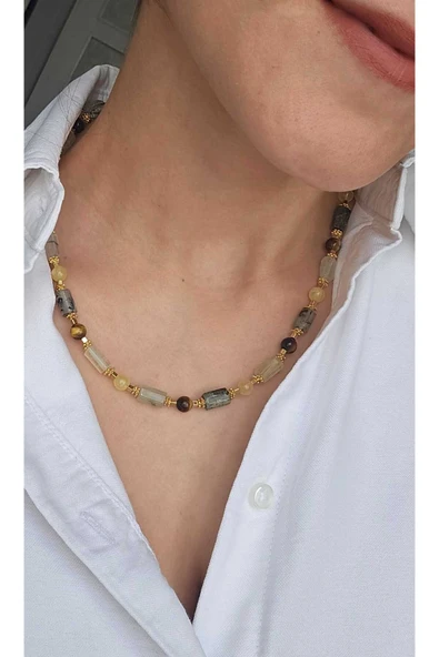 İNCİORA JEWELRY GERÇEK DOĞAL TAŞLI PREHNİT, KAPLAN GÖZÜ VE SİTRİN TAŞLI KOLYE ürün görseli 1