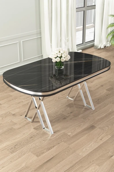 Canisa Lai Serisi 90x168 Lak Panel Sabit Siyah Mermer Desen Krom Ayak Masa ürün görseli 1