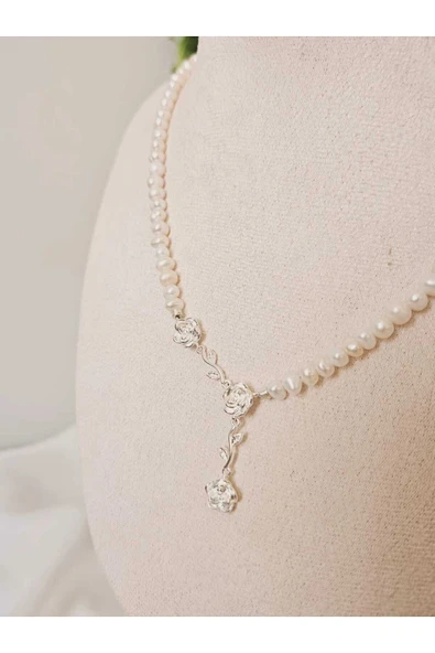 İNCİORA JEWELRY Doğal Gerçek İnci Çiçek Detaylı Gümüş Set ürün görseli 1
