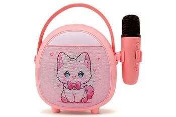 Çocuklara Özel Retro Tasarımlı Bluetooth Karaoke Mikrofon ve Ahşap Tripodlu – Pembe ürün görseli 1