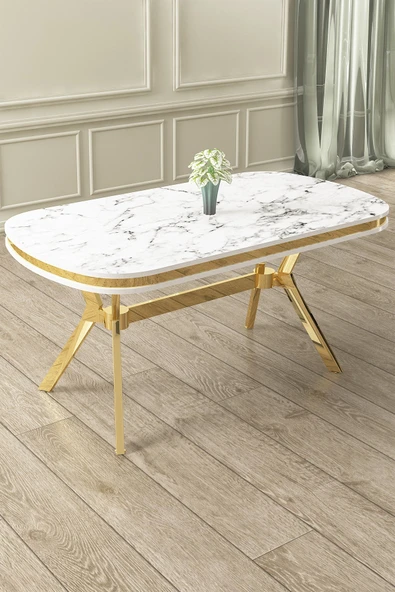 Canisa Epal Serisi 90x168 Lak Panel Gold Ayak Beyaz Mermer Desen Sabit Mutfak Masası ürün görseli 1