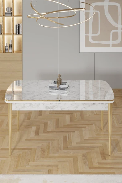 Canisa Rada Serisi 80x132 Açılabilir Lak Panel Mutfak Masası Beyaz Mermer Desen Gold Ayaklı ürün görseli 1