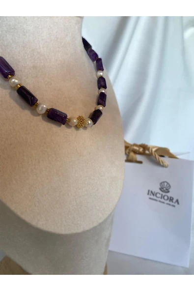 İNCİORA JEWELRY DOĞAL AMETİST TAŞLI İNCİ KOLYE ürün görseli 1