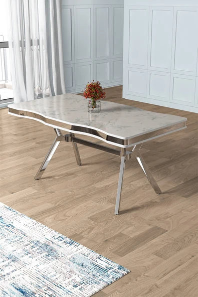Canisa Vae Serisi 90x160 Lak Panel Beyaz Mermer Desen Krom Ayak Mutfak Masası ürün görseli 1
