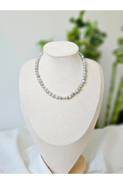 İNCİORA JEWELRY GERÇEK DOĞAL İNCİ GÜMÜŞ RENKLİ KOLYE ürün görseli 1