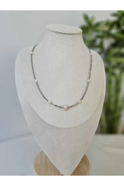 İNCİORA JEWELRY Gerçek Doğal Barok İnci Hematit Taşlı Kolye ürün görseli 1