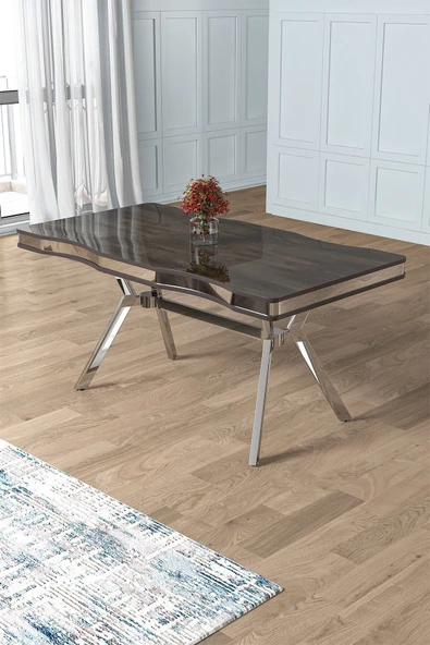 Canisa Pem Serisi 90x160 Lak Panel Siyah Mermer Desen Krom Ayak Mutfak Masası ürün görseli 1