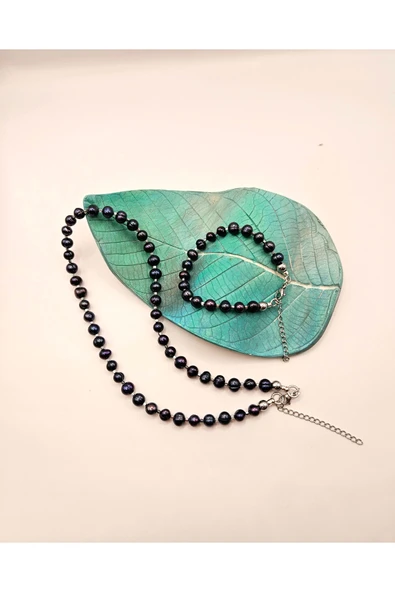 İNCİORA JEWELRY Gerçek Premium Kalite Siyah İnci 7–8 mm Hematit Taşlı Kolye ve Bileklik Set – Çelik Kilit ürün görseli 1