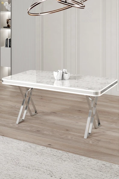 Canisa Vals Serisi 80x130 Lak Panel Sabit Masa Beyaz Mermer Desen Krom Ayaklı ürün görseli 1