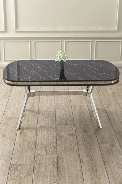 Canisa Concept Olya Serisi 90x168 Lak Panel Krom Ayak Siyah Mermer Desen Sabit Mutfak Masası ürün görseli 1