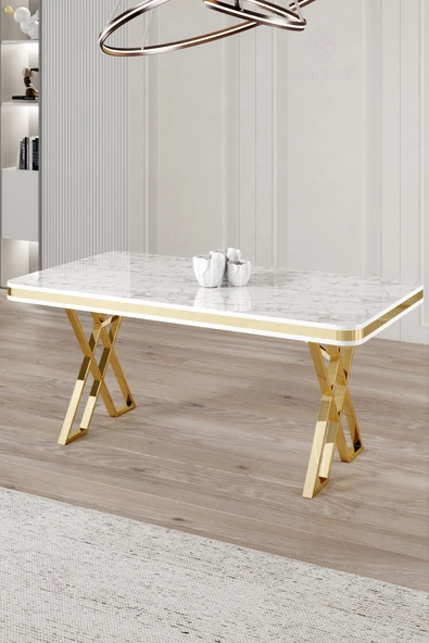 Canisa Vals Serisi 80x130 cm Lak Panel Sabit Masa Beyaz Mermer Desen Gold Ayaklı ürün görseli 1