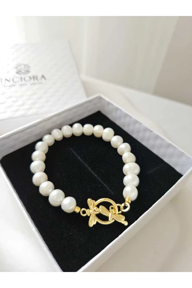 İNCİORA JEWELRY GERÇEK DOĞAL İNCİ 8 mm PREMIUM KALİTE KELEBEK UÇLU BİLEKLİK ürün görseli 1