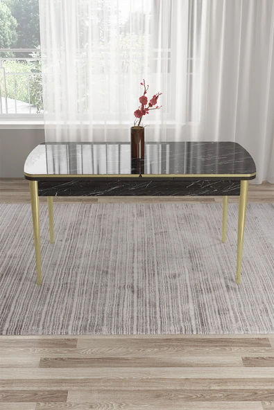 Canisa Tia Serisi 80x132 Açılabilir Mdf Mutfak Masası Takımı Siyah Mermer Desen Masa Gold Detay ürün görseli 1