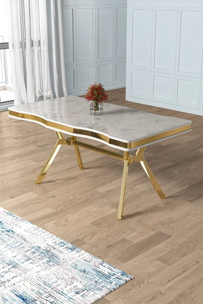 Canisa Vae Serisi 90x160 Lak Panel Beyaz Mermer Desen Gold Ayak Mutfak Masası ürün görseli 1