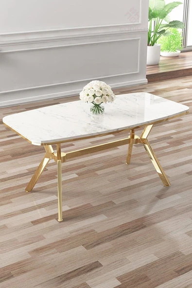 Canisa Asel Serisi 90x160 Lak Panel Beyaz Mermer Desen Gold Kaplama Ayaklı Masa ürün görseli 1