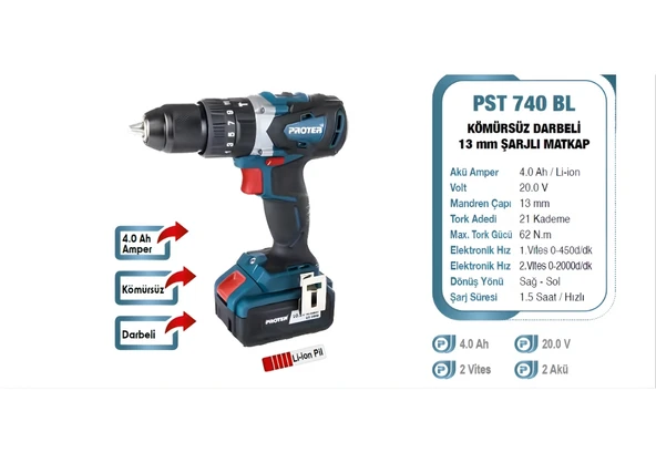 Proter PST 740 BL 4.0 Ah 20 V Li-ionPil 2 Vts.Darbeli Kömürsüz Şarjlı Matkap P1EA074 ürün görseli 1