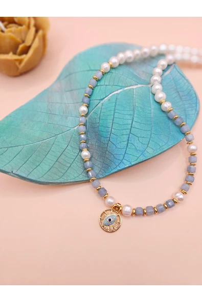 İNCİORA JEWELRY GERÇEK DOĞAL İNCİ (5-6 mm ve 8-9 mm) AKUMARİN TAŞLI KOLYE ALTIN KAPLAMA ürün görseli 1