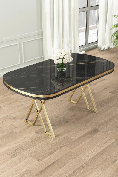 Canisa Zae Serisi 90x168 Lak Panel Sabit Gold Ayak Siyah Mermer Desen Masa ürün görseli 1