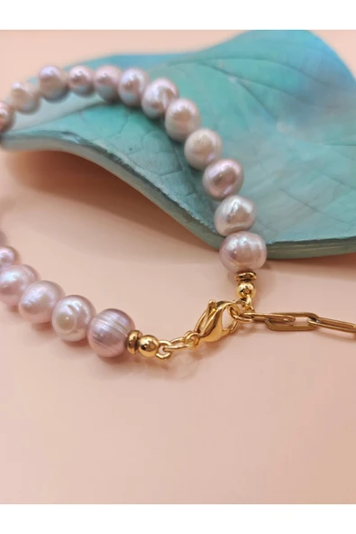 İNCİORA JEWELRY GERÇEK DOĞAL İNCİ ( LAVANTA-MOR) BİLEKLİK GEMİCİ KİLİT / KLİPS KAPAMA ürün görseli 1