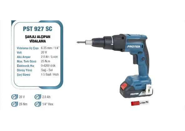 Proter PST 927 SC 1/4 '' 20 V 2 Ah Lion Pil  25 N.m Tork Şarjlı Alçıpan Vidalama P1EA104 ürün görseli 1