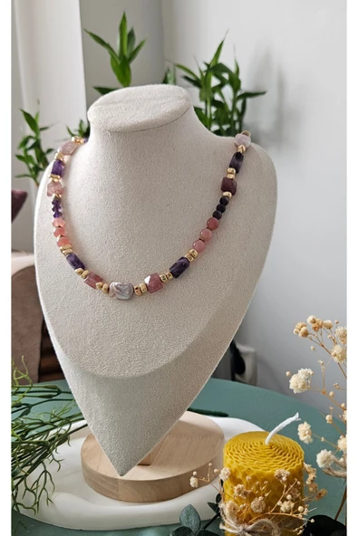 İNCİORA JEWELRY GERÇEK DOĞAL PEMBE-MOR İNCİ, PEMBE KUVARS, AMETİST, GÜNEŞ TAŞI, ÇİLEK KUVARS, 50 Cm Altınkaplama ürün görseli 1