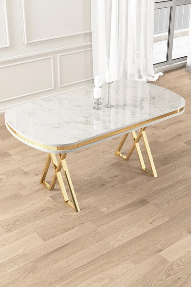 Canisa Lai Serisi 90x168 Lak Panel Sabit Gold Ayak Beyaz Mermer Desen Masa ürün görseli 1