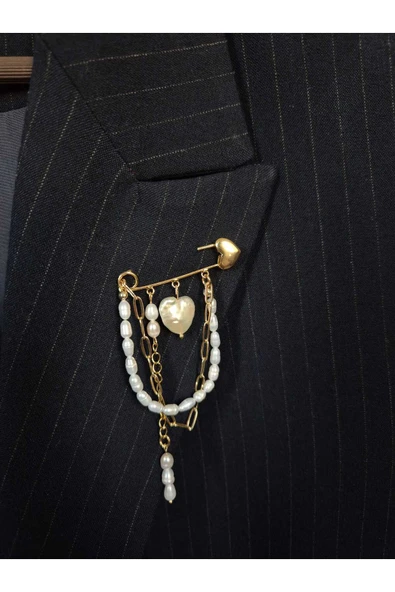 İNCİORA JEWELRY Barok Kalp İnci Detaylı Gerçek Doğal İnci Broş ürün görseli 1