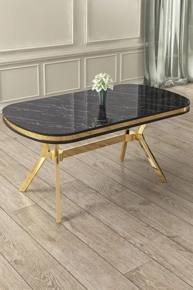 Canisa Jita Serisi 90x168 Lak Panel Gold Ayak Siyah Mermer Desen Mutfak Masası ürün görseli 1