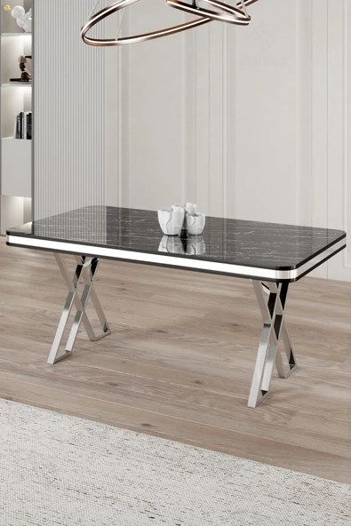 Canisa Vals Serisi 80x130 Lak Panel Sabit Masa Siyah Mermer Desen Krom Ayaklı ürün görseli 1