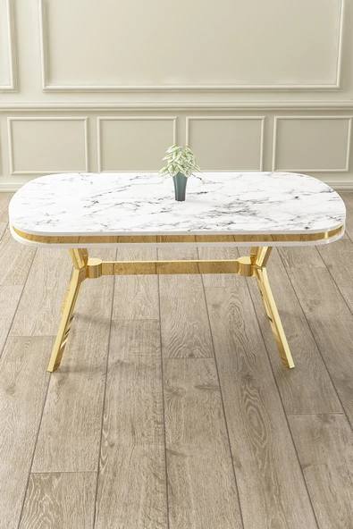 Canisa Concept Olya Serisi 90x168 Lak Panel Gold Ayak Beyaz Mermer Desen Sabit Mutfak Masası ürün görseli 1