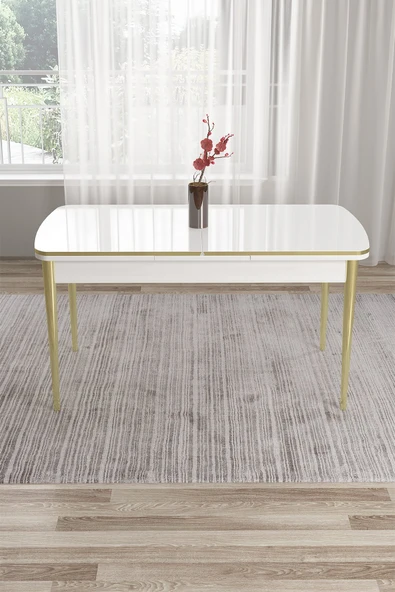 Canisa Edaf Serisi 80x132 Açılabilir Beyaz Masa Gold Ayak Mutfak Masası ürün görseli 1