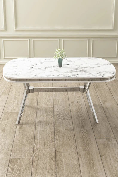 Canisa Concept Olya Serisi 90x168 Lak Panel Krom Ayak Beyaz Mermer Desen Sabit Mutfak Masası ürün görseli 1