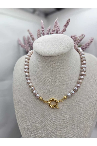 İNCİORA JEWELRY GERÇEK DOĞAL İNCİ PEMBE/MOR 8-9 mm GEMİCİ KİLİTLİ KOLYE ürün görseli 1