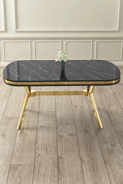 Canisa Concept Olya Serisi 90x168 Lak Panel Gold Ayak Siyah Mermer Desen Sabit Mutfak Masası ürün görseli 1
