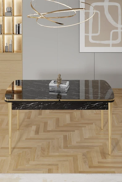 Canisa Rada Serisi 80x132 Açılabilir Lak Panel Mutfak Masası Siyah Mermer Desen Gold Ayaklı ürün görseli 1