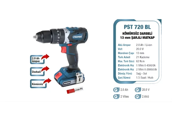 Proter PST 720 BL 2.0 Ah 20 V Li-ion Pil 2 Vts.Darbeli Kömürsüz Şarjlı Matkap P1EA070 ürün görseli 1