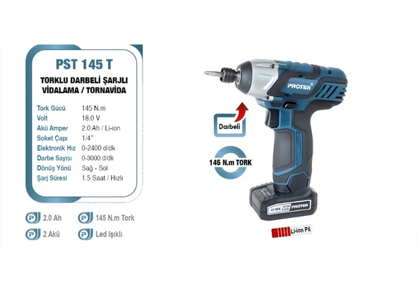 Proter PST 145 T 18 V 2.0 Ah 145 N.m Tork Li-ion Şarjılı Darbeli Vidalama P1EA105 ürün görseli 1