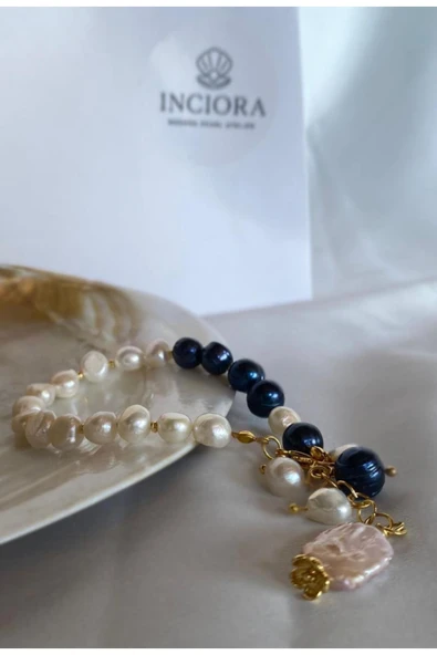 İNCİORA JEWELRY Doğal Mavi - Gri & Beyaz İnci bileklik ürün görseli 1