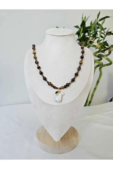 İNCİORA JEWELRY GERÇEK BAROK İNCİ UÇLU KAPLAN GÖZÜ HEMATİT TAŞLI ALTIN KAPLAMA KOLYE ürün görseli 1