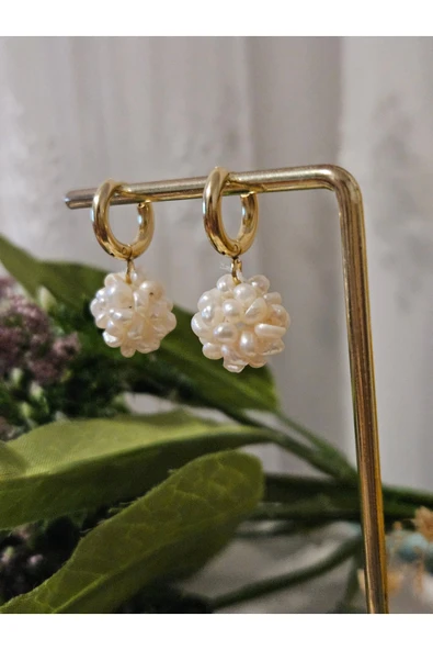 İNCİORA JEWELRY Gerçek Kum İncili Gold Halka Küpe – El Yapımı Zarif Tasarım ürün görseli 1