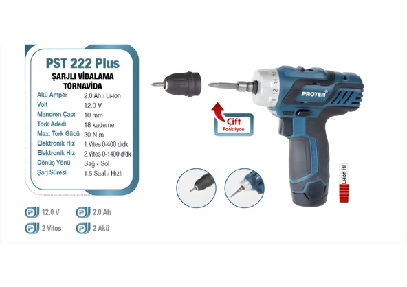 Proter PST 222 Plus 12 V 2.0 Ah Li-ion Pil 2 Vts Şarjlı Tornavida P1EA110 ürün görseli 1