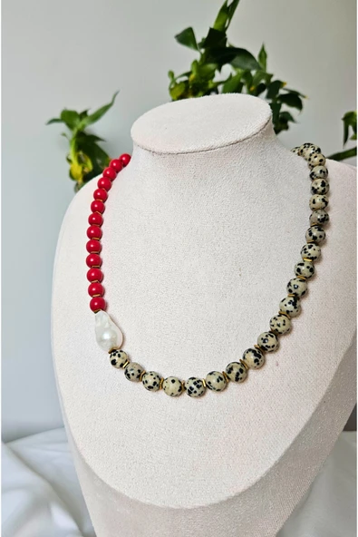 İNCİORA JEWELRY MERCAN VE JASPER TAŞLI GERÇEK DOĞAL BAROK İNCİ KOLYE ürün görseli 1