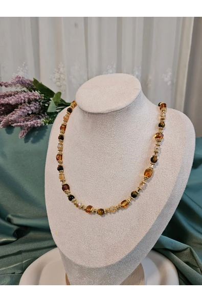 İNCİORA JEWELRY Sitrin, Kehribar ve Kaplan Gözü Doğal Taş Kolye – Hematit Detaylı – El Yapımı Özel Tasarım ürün görseli 1