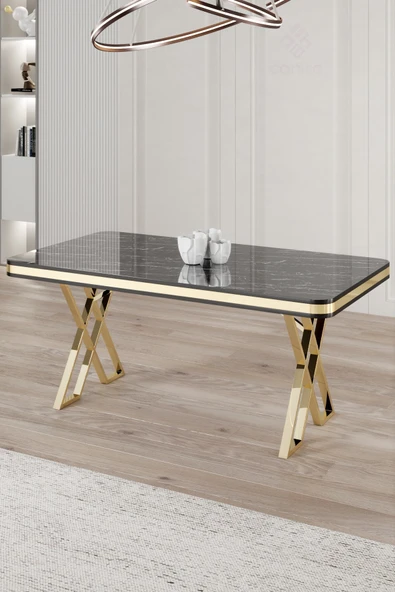 Canisa Vals Serisi 80x130 Lak Panel Sabit Masa Siyah Mermer Desen Gold Ayaklı ürün görseli 1