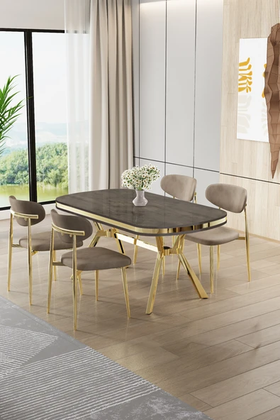 Canisa Olya Serisi 90x168 MDF Sabit Lak Panel Antrasit İroni Masa Takımı Gold Ayaklı 4 Cappucino Sandalye ürün görseli 1